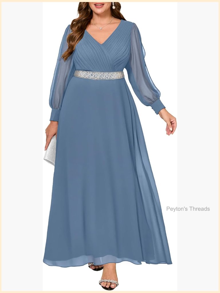 Long Sleeve Beaded Chiffon Maxi Dress Formal Evening Gown